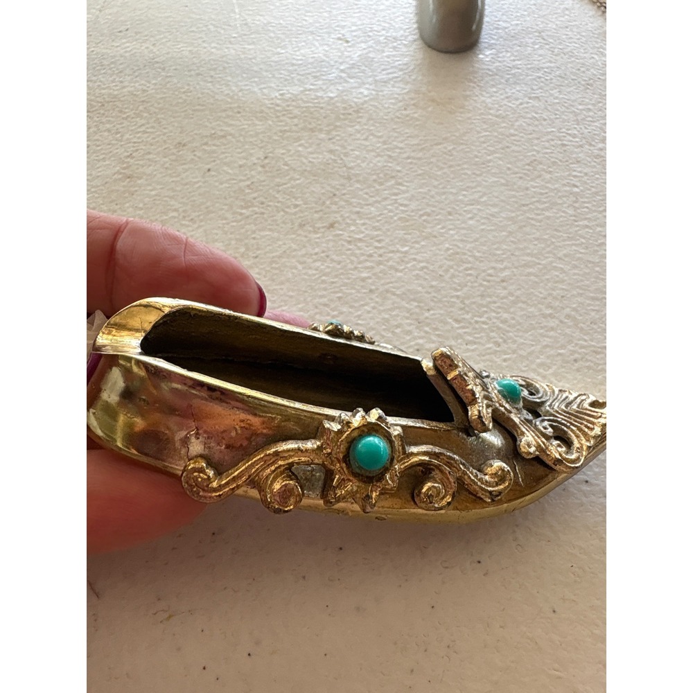 Vintage Turkish Ornate Brass Shoe Ashtray with Gemstone Accents - Picture 3 of 6
